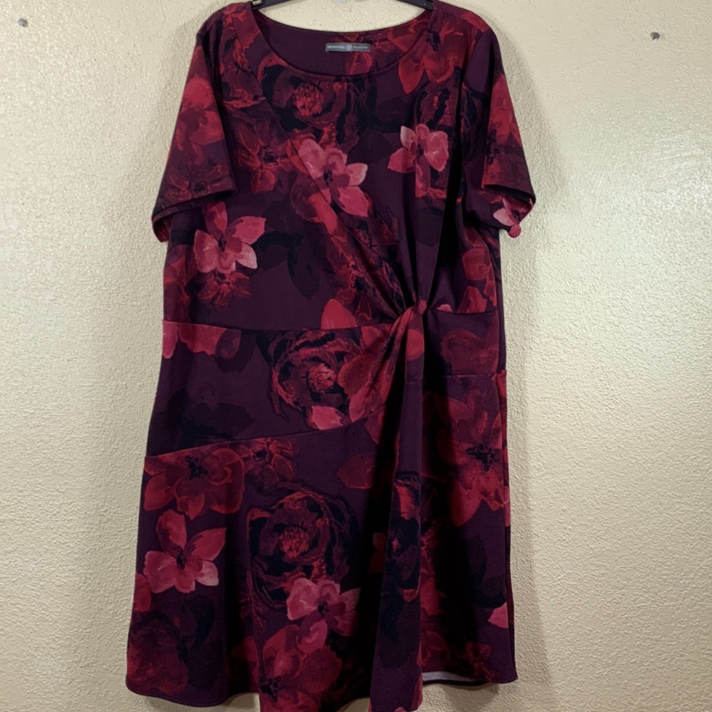 Signature Collection Dress Floral Red Dark Purple 2X Short Sleeve Stretch